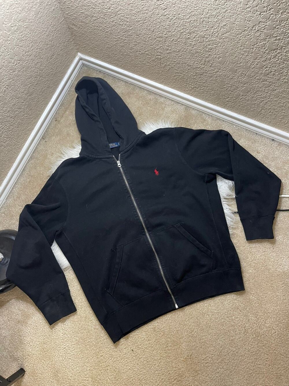Polo Ralph Lauren Hoodie Large Black full zip Classic Jacket Red Pony